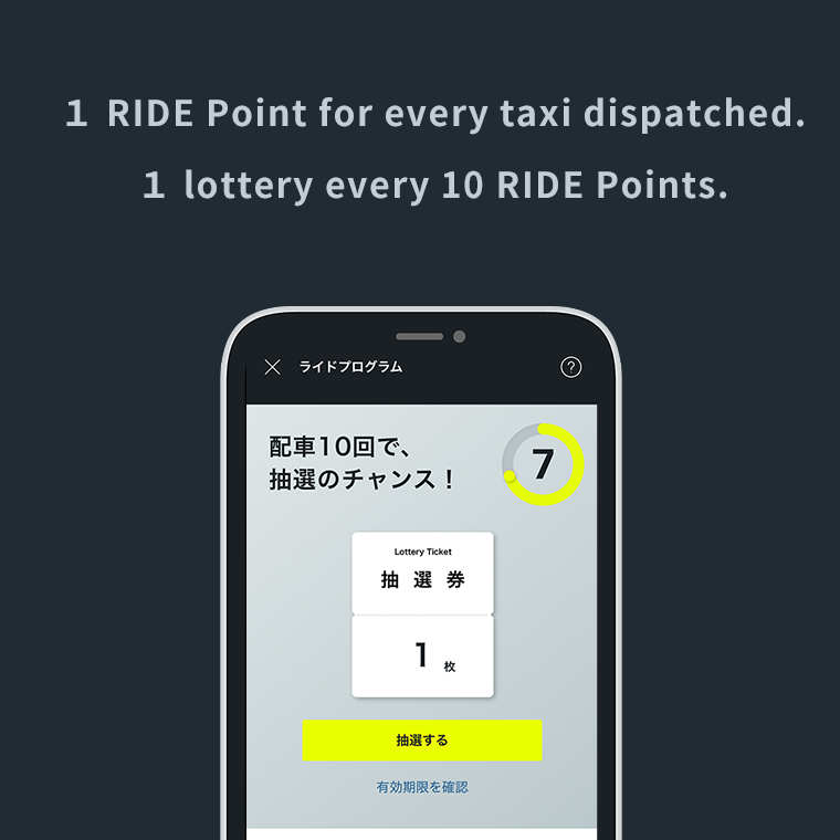 １ RIDE Point for every taxi dispatched.１ lottery every 10 RIDE Points.