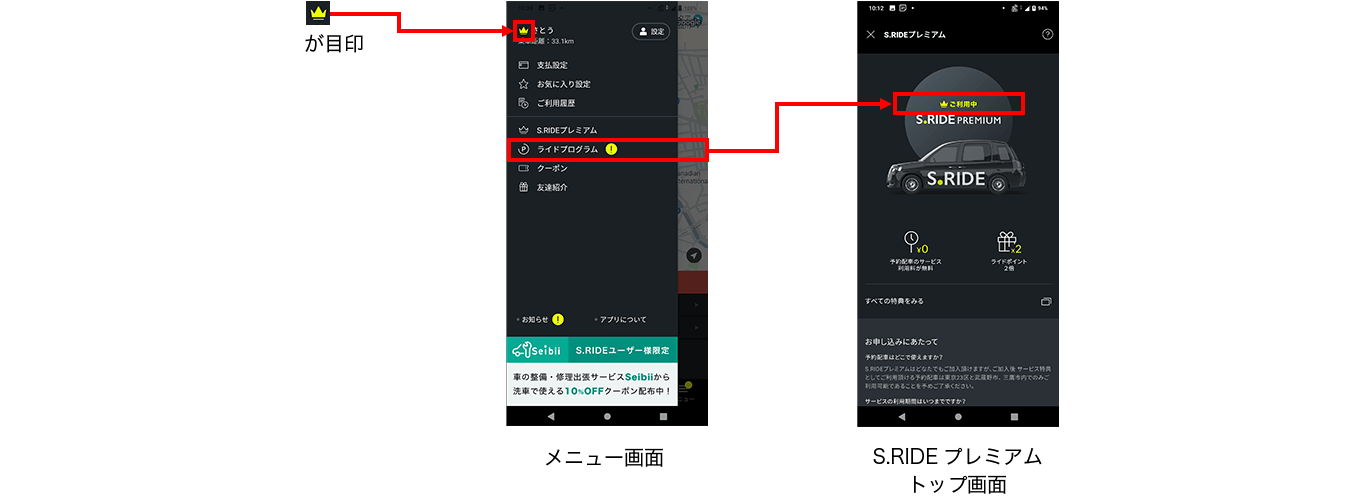 S.RIDEプレミアム入会後画面