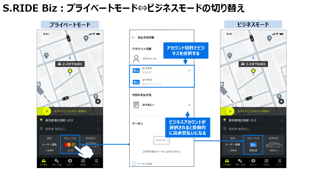 法人向けサービス「S.RIDE Biz（エスライド ビズ）」アプリ画面イメージ