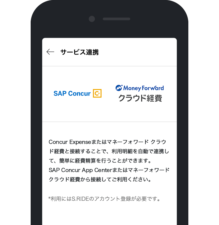 コンカー、マネーフォワード連携アプリ画面